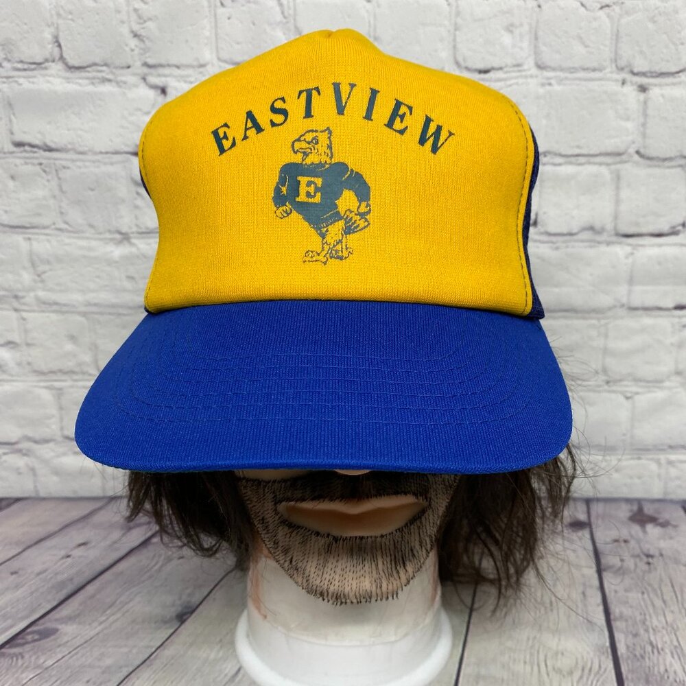 Vintage Trucker Hat Mesh Cap Snapback Yellow Blue Eastview Sports Mascot Logo